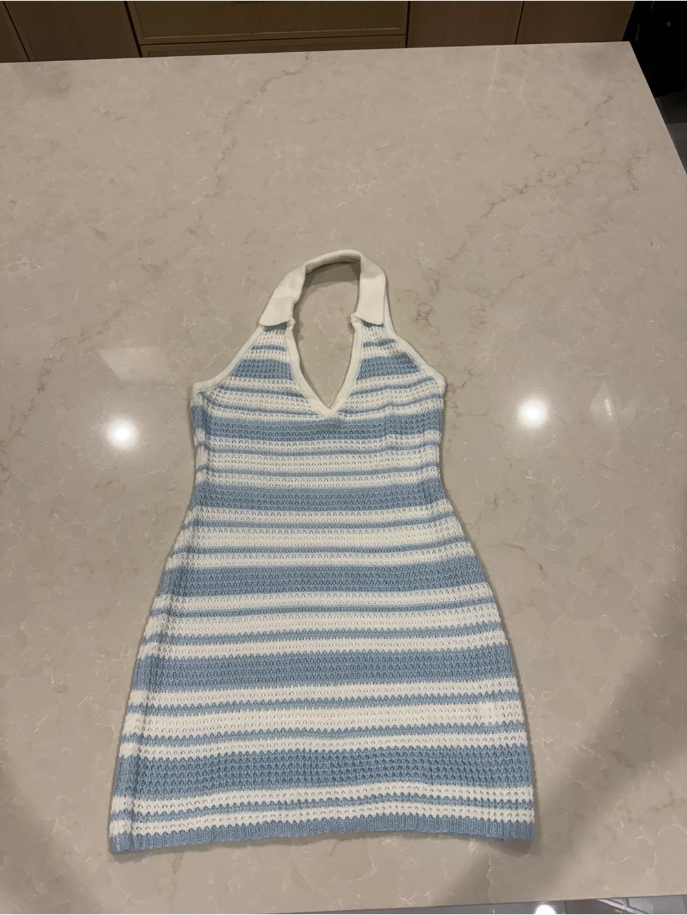 Striped Knit Halter Mini Dress in Blue & White